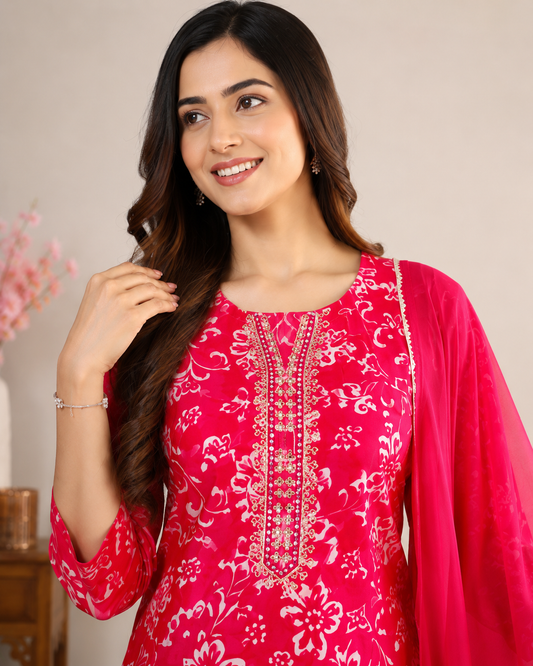 Pink Floral Printed Kurti Set with Dupatta