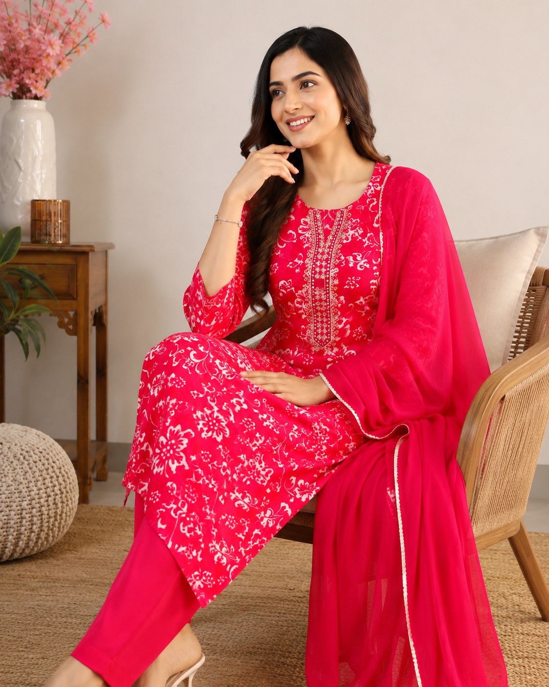 Pink Floral Printed Kurti Set with Dupatta