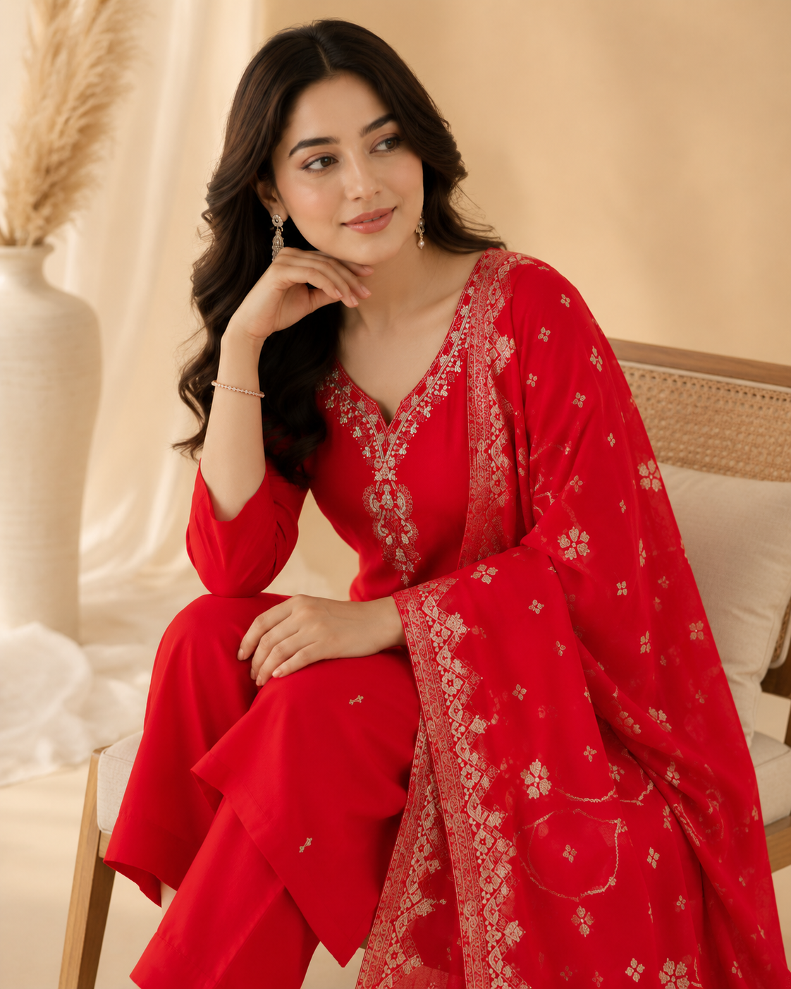 Ruby Red Handworked Kurti Set with Dupatta