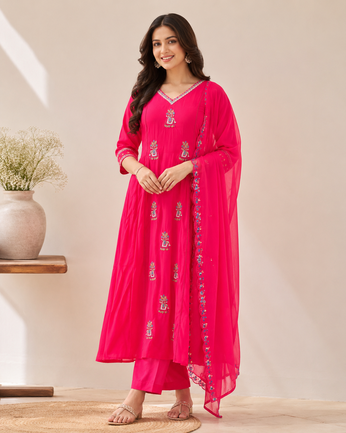 Rani Pink Handworked Anarkali Kurti Set with Dupatta