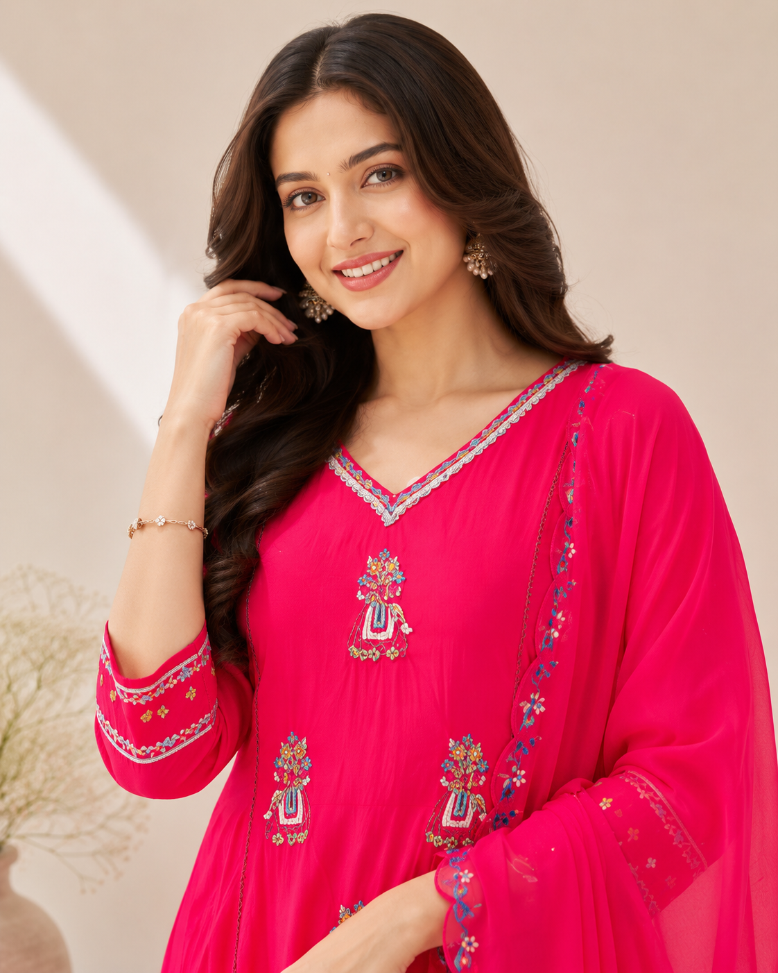 Rani Pink Handworked Anarkali Kurti Set with Dupatta