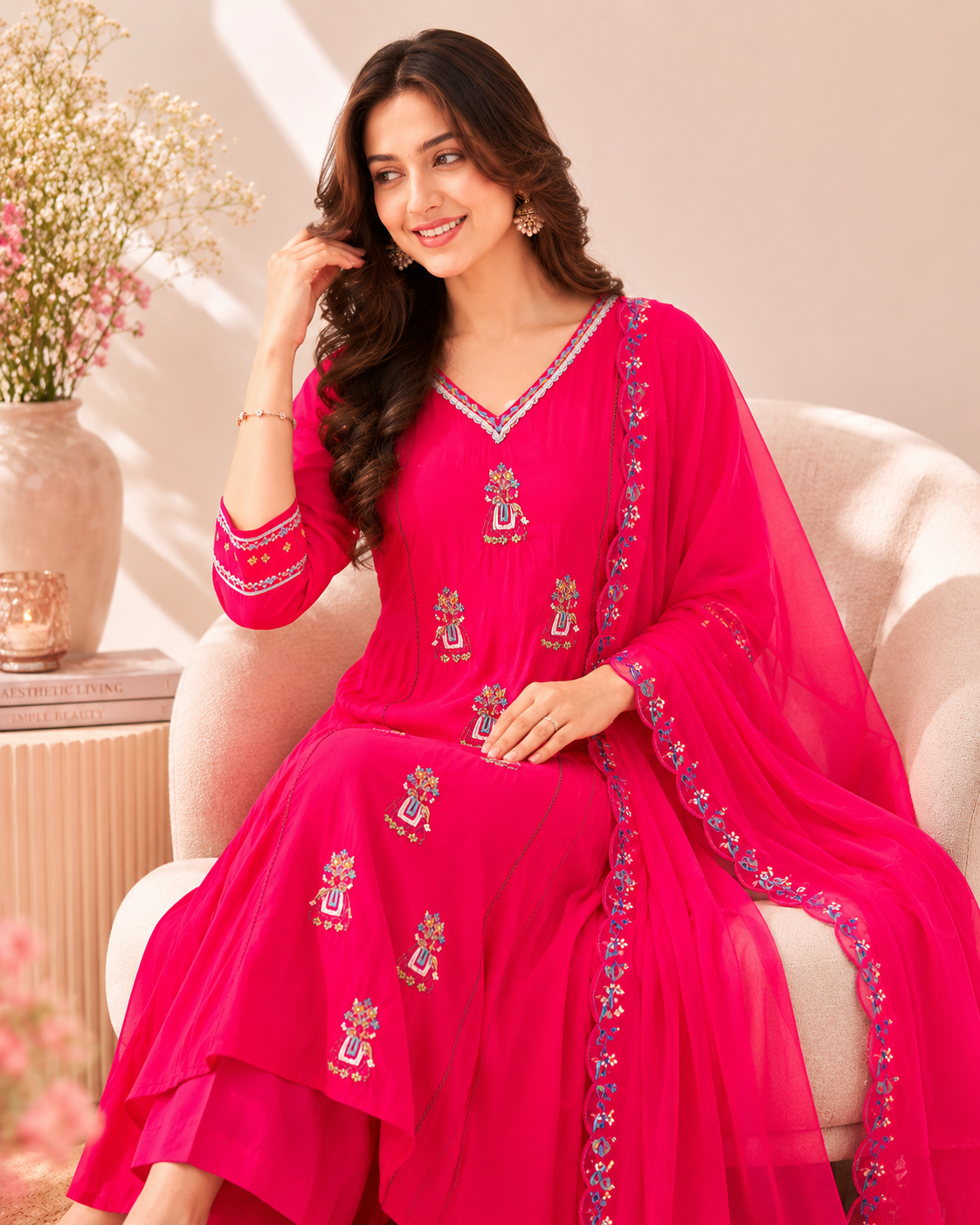 Rani Pink Handworked Anarkali Kurti Set with Dupatta