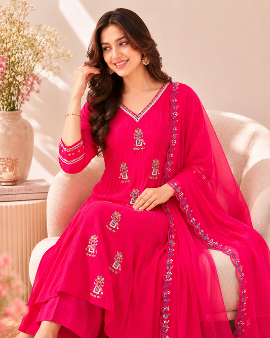 Rani Pink Handworked Anarkali Kurti Set with Dupatta