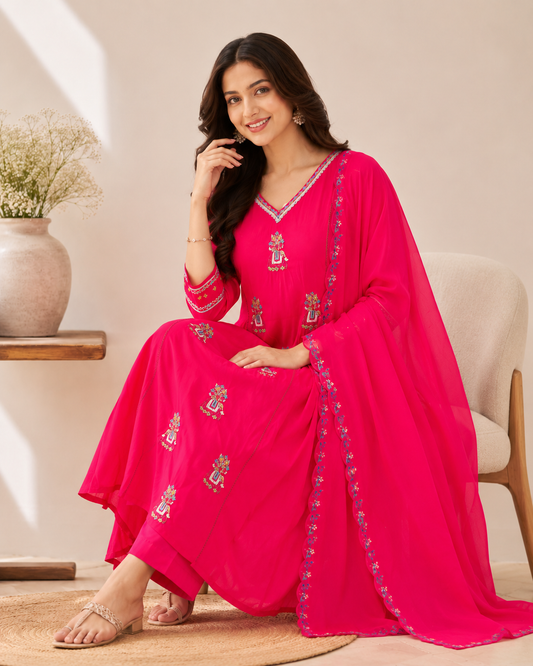 Rani Pink Handworked Anarkali Kurti Set with Dupatta