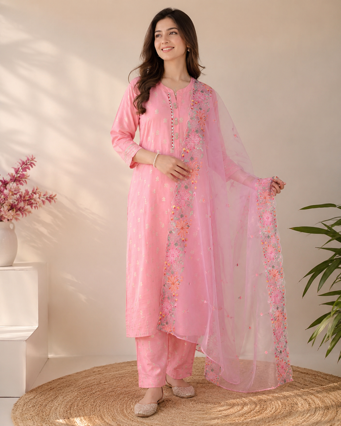 Blush Pink Embroidered Kurti Set with Floral Dupatta