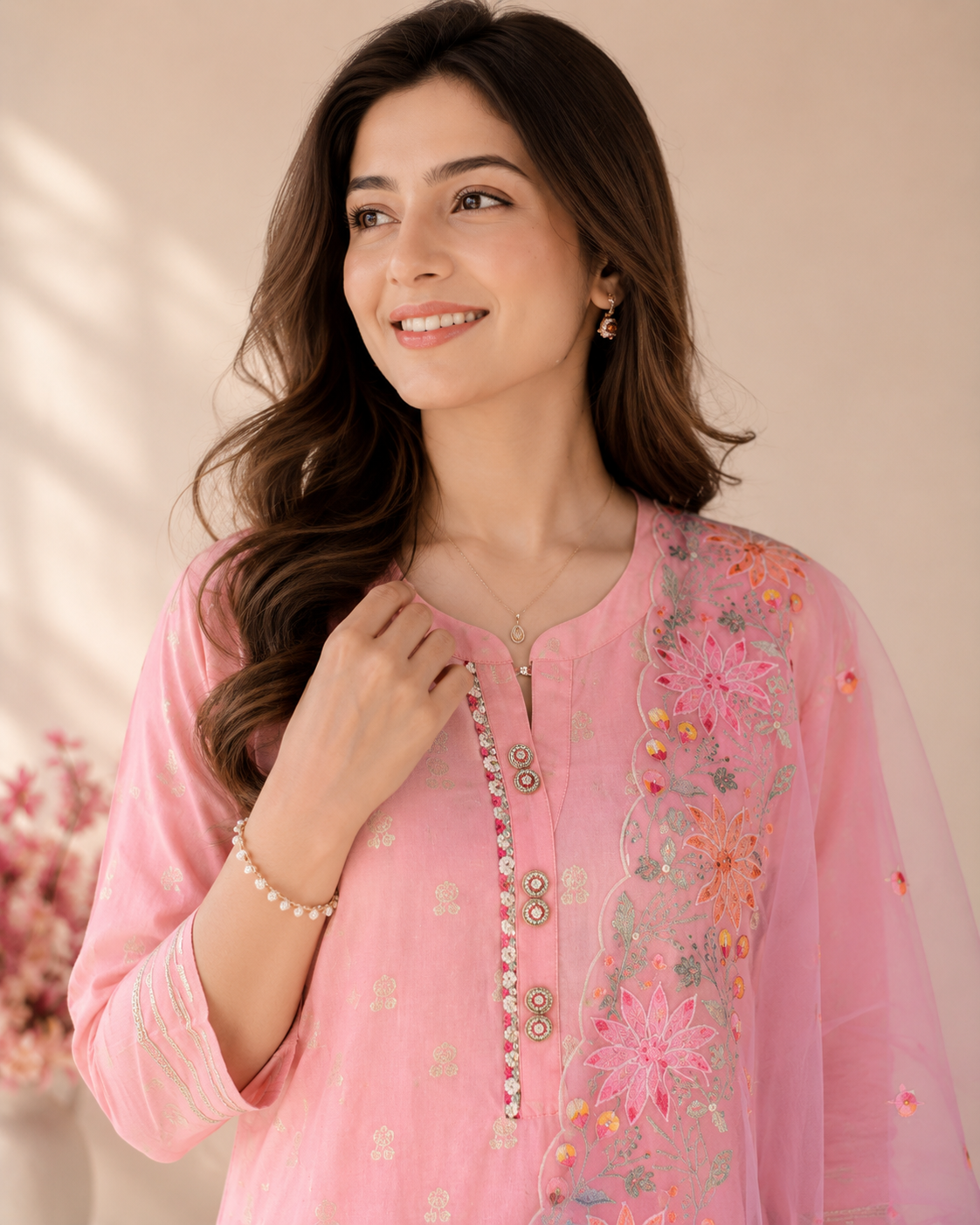 Blush Pink Embroidered Kurti Set with Floral Dupatta