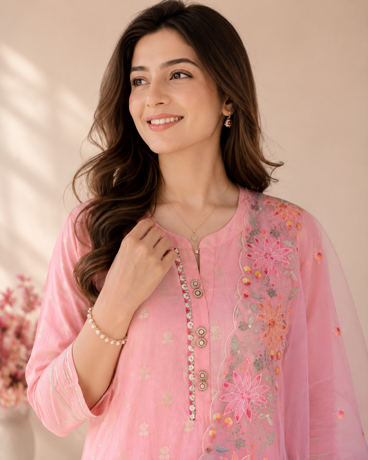 Blush Pink Embroidered Kurti Set with Floral Dupatta