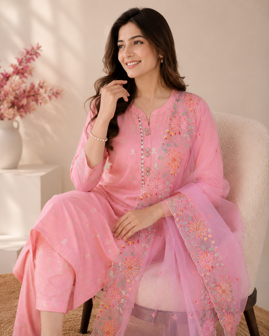 Blush Pink Embroidered Kurti Set with Floral Dupatta