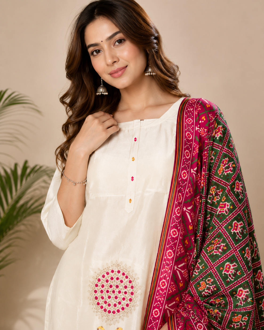 Ivory Elephant Patch Kurti Set with Patola Dupatta