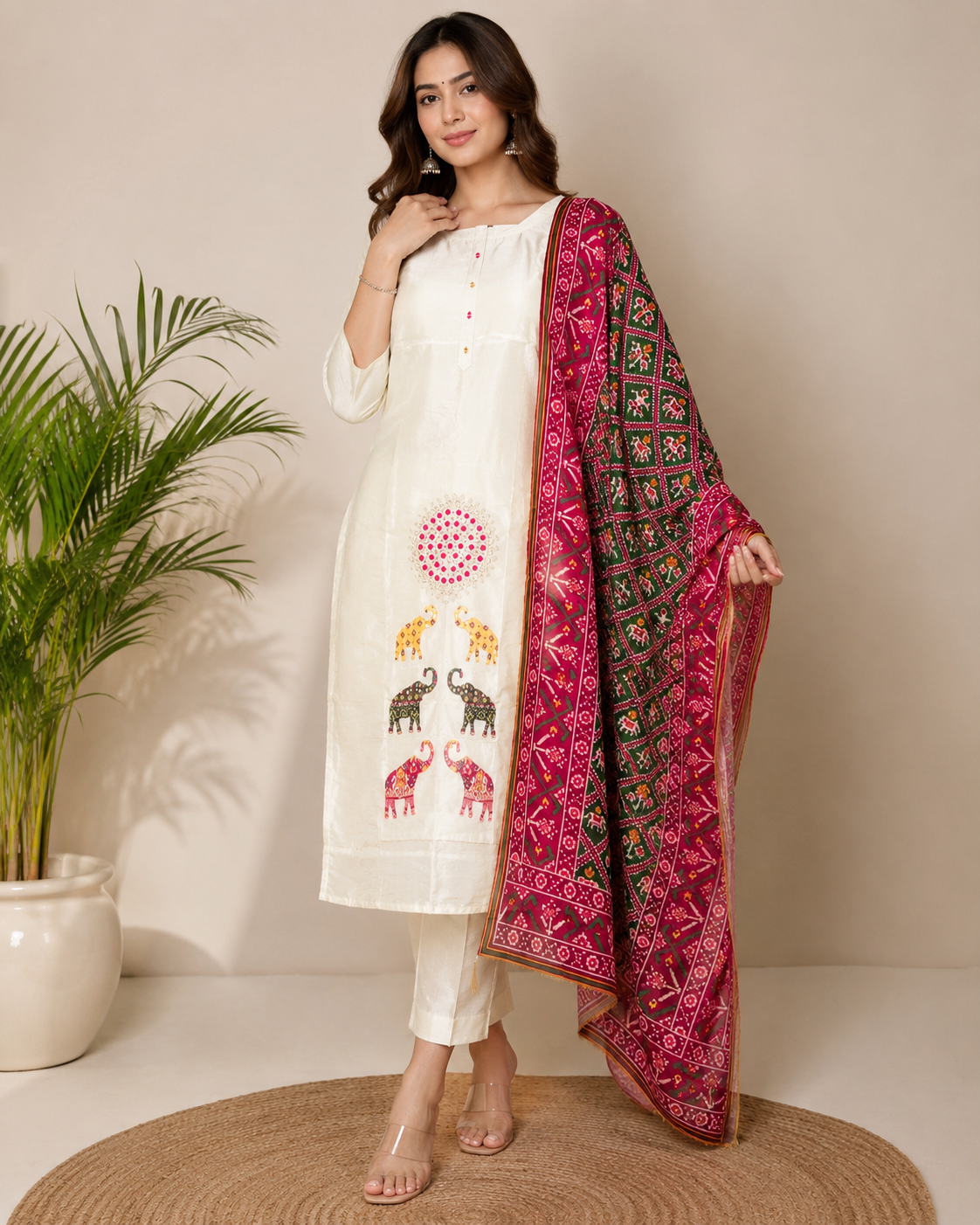 Ivory Elephant Patch Kurti Set with Patola Dupatta