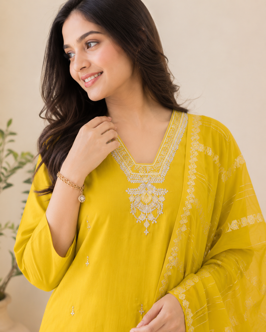 Sunshine Yellow Handworked Kurti Set