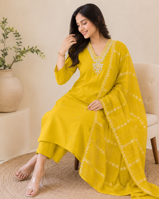 Sunshine Yellow Handworked Kurti Set
