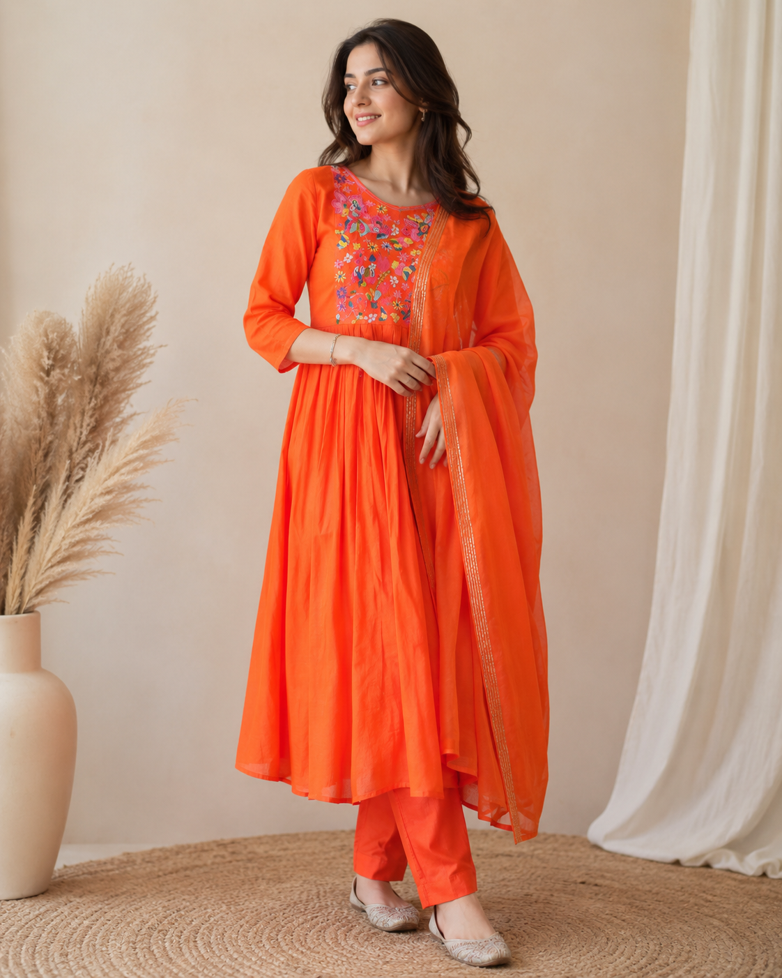 Orange Handworked Kurti Set with Dupatta