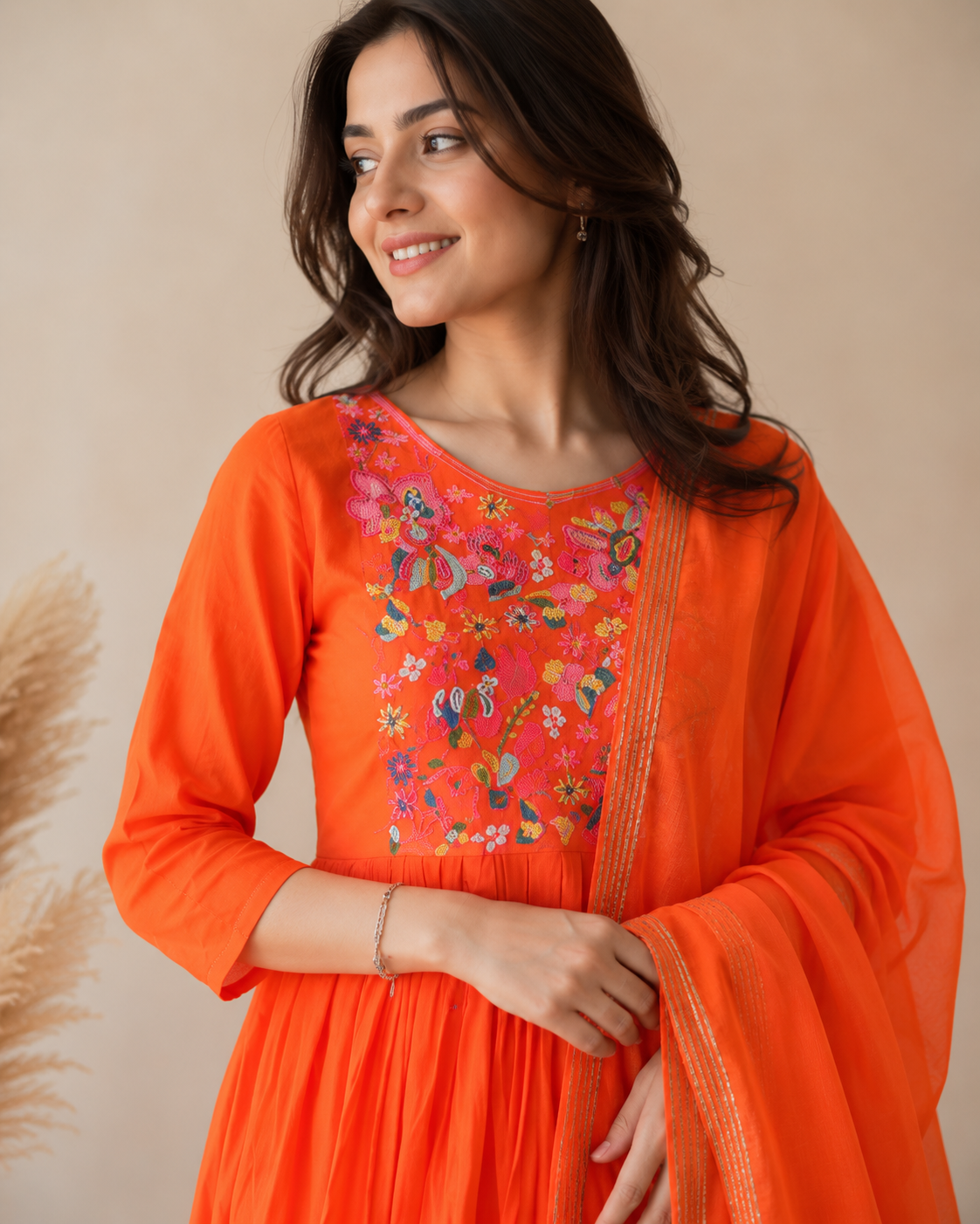 Orange Handworked Kurti Set with Dupatta