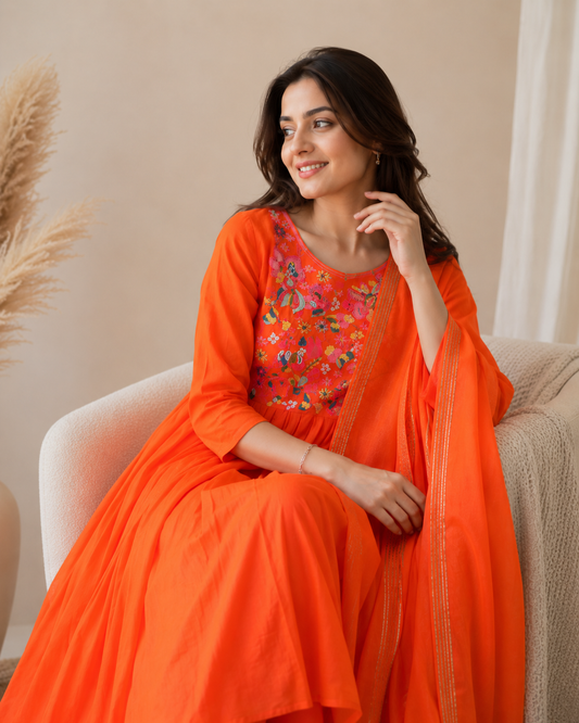 Orange Handworked Kurti Set with Dupatta