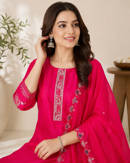 Rani Pink Handworked Kurti Set