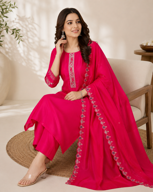Rani Pink Handworked Kurti Set