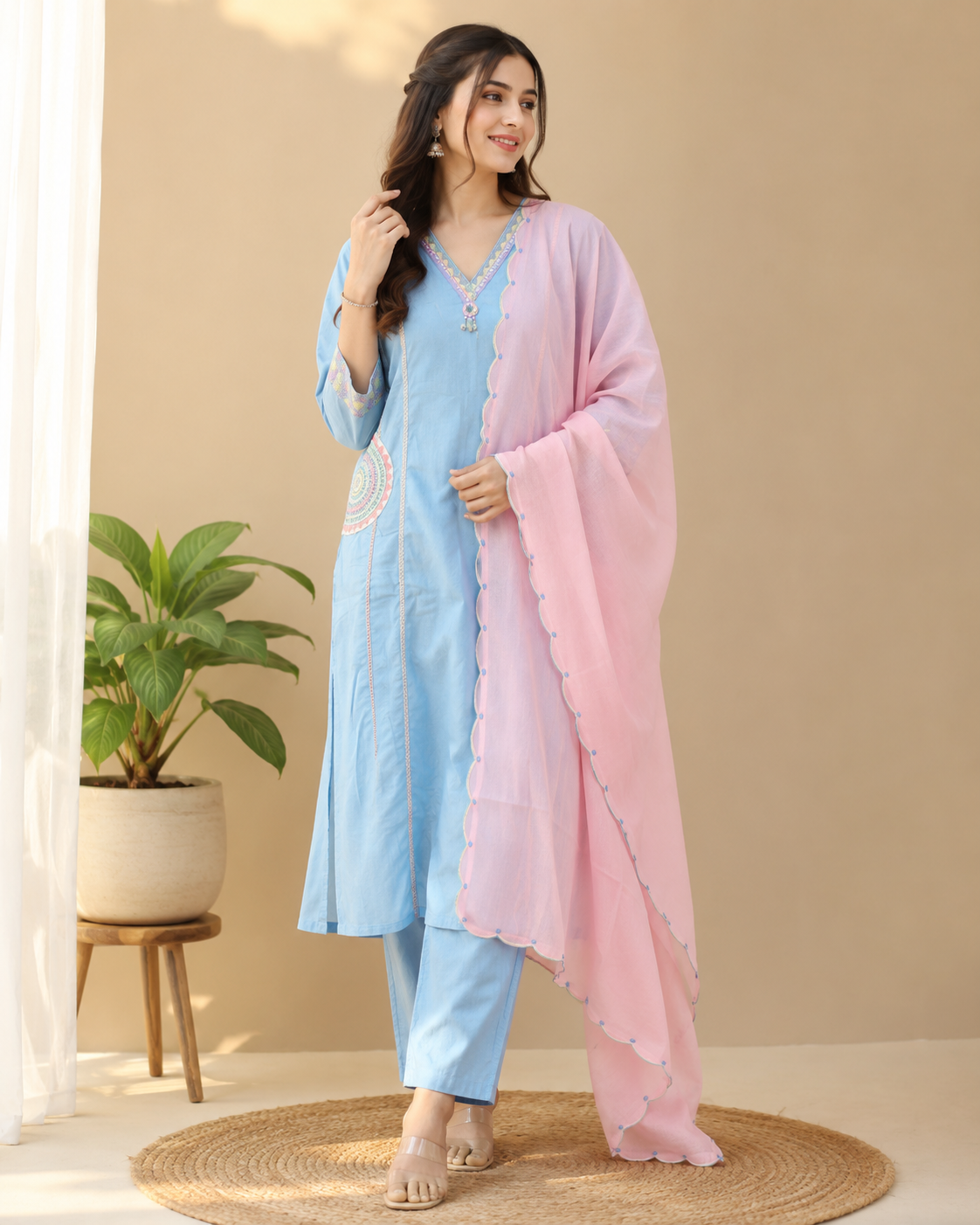 Pastel Blue Kurti Set with Pink Dupatta