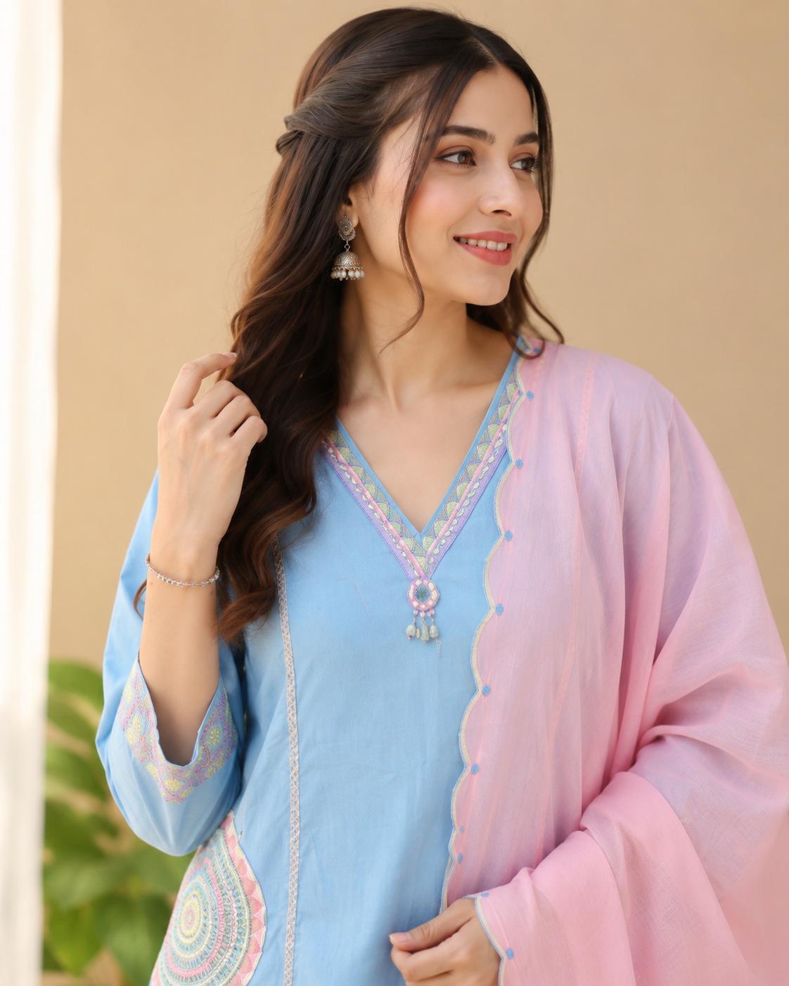 Pastel Blue Kurti Set with Pink Dupatta