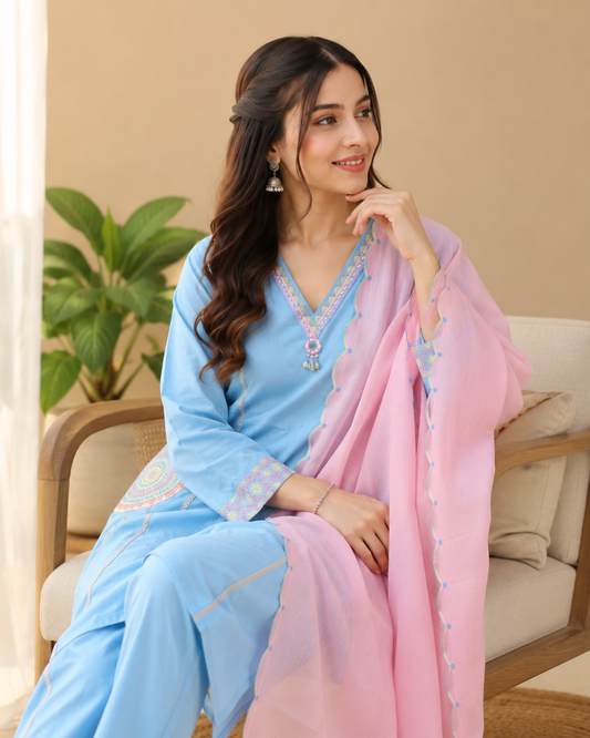 Pastel Blue Kurti Set with Pink Dupatta