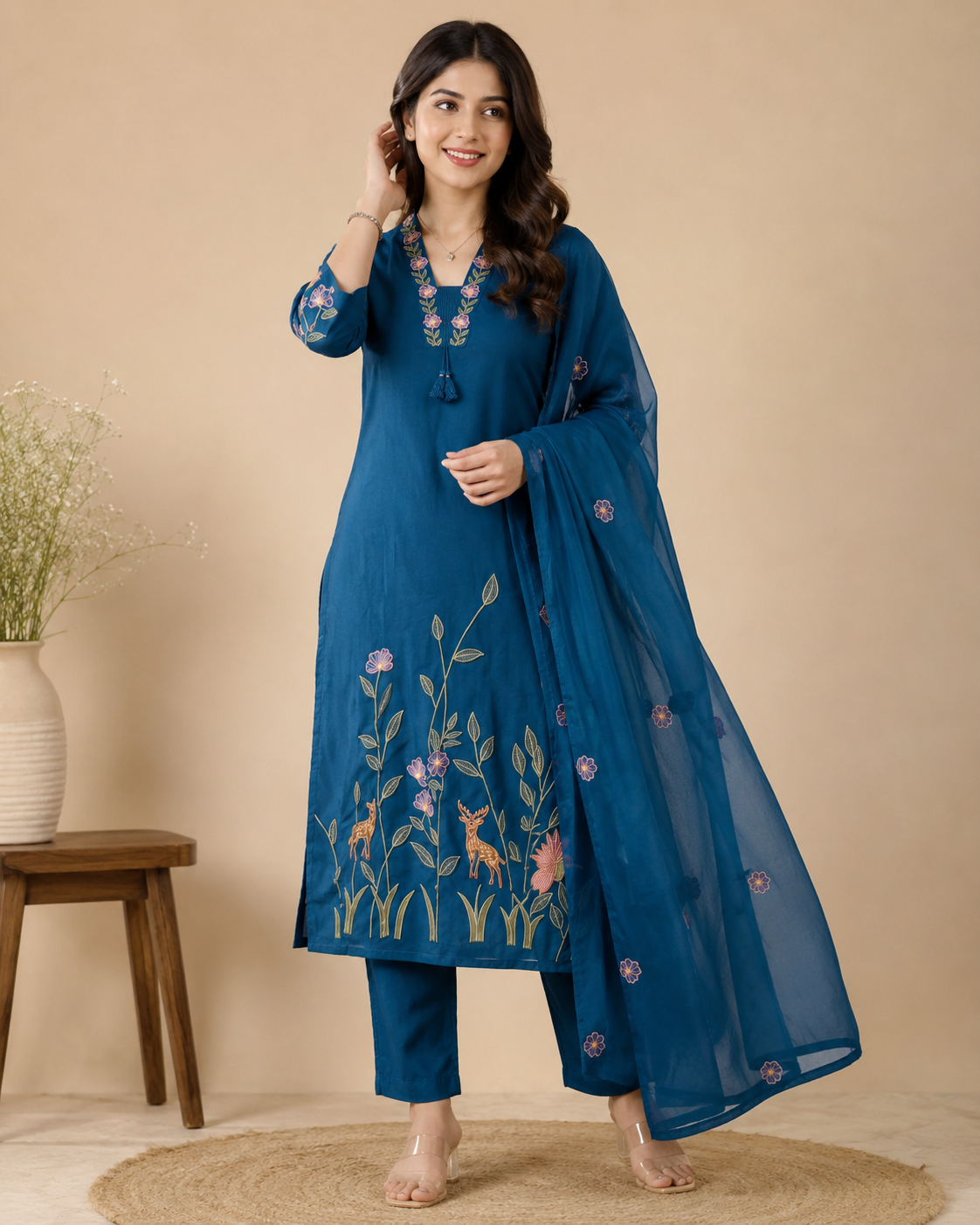 Teal Embroidered Kurta Set with Dupatta