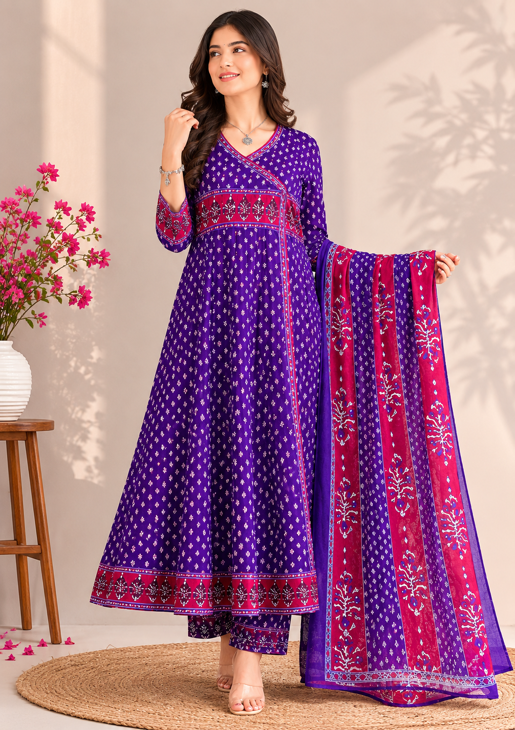 Purple Printed Anarkali Kurti Set with Dupatta