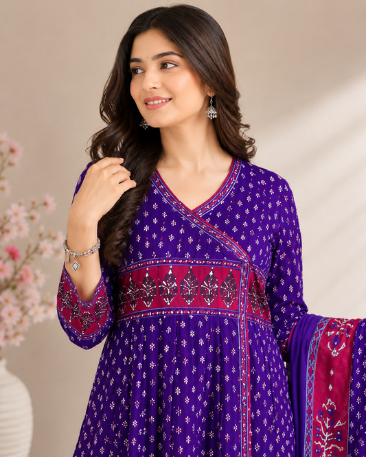 Purple Printed Anarkali Kurti Set with Dupatta