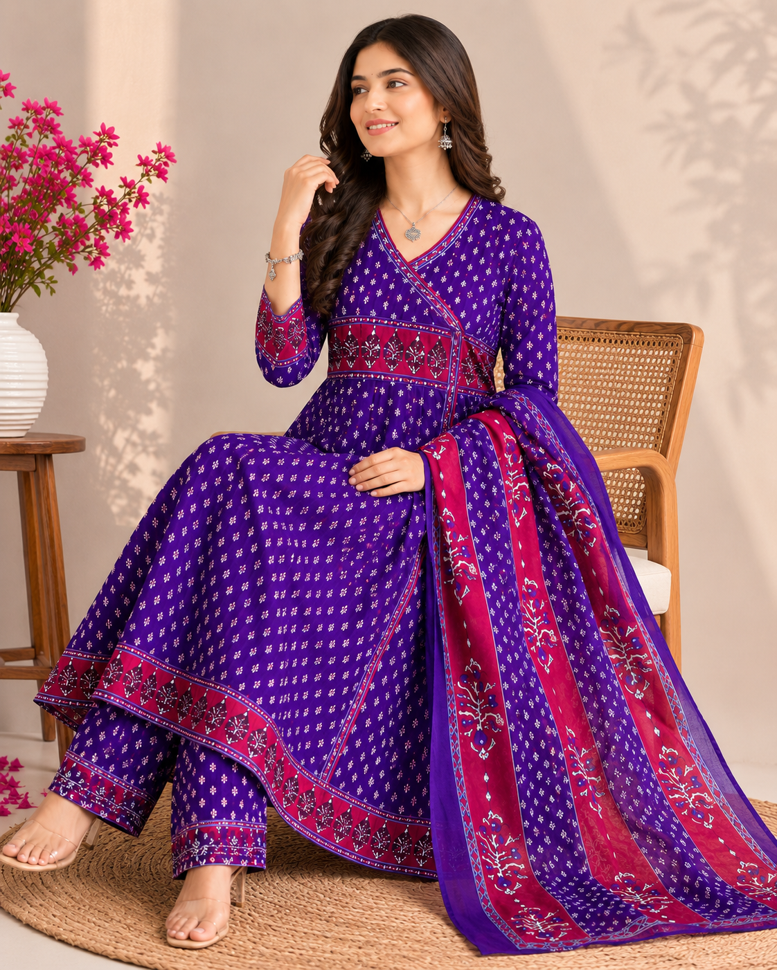 Purple Printed Anarkali Kurti Set with Dupatta
