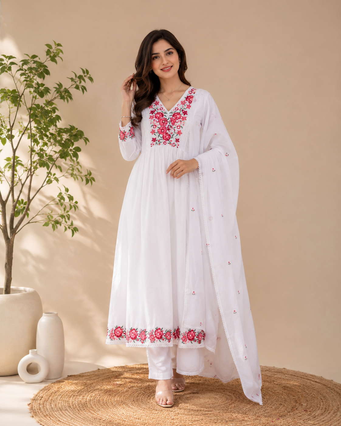 White Floral Embroidered Anarkali Kurti Set