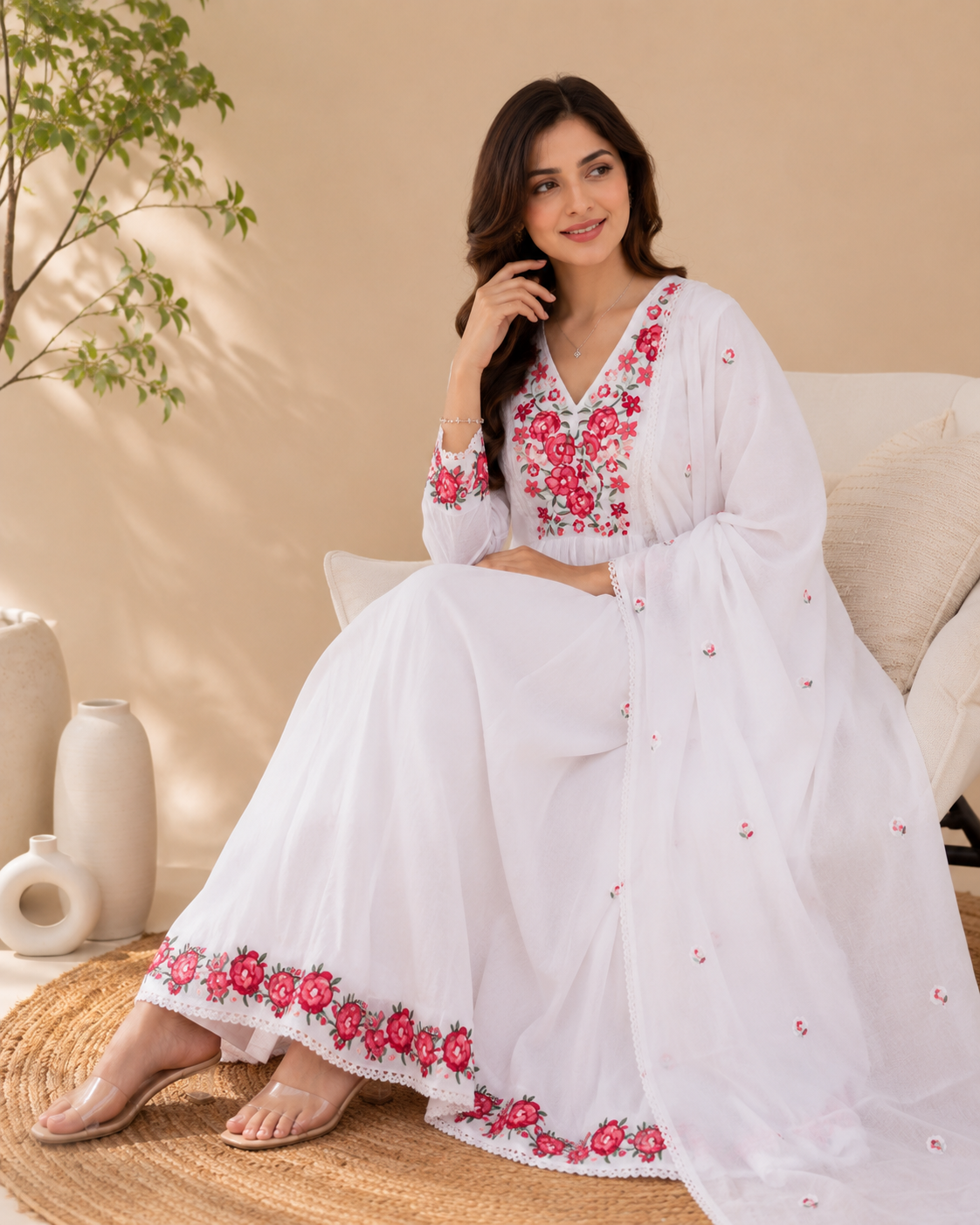 White Floral Embroidered Anarkali Kurti Set