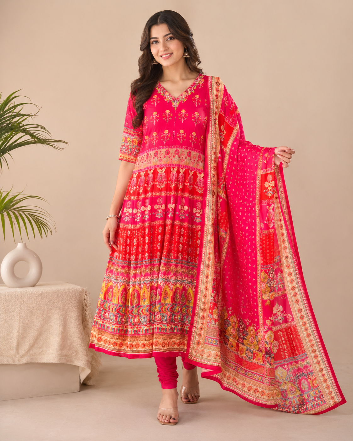 Rani Pink Printed Anarkali Kurti Set with Dupatta