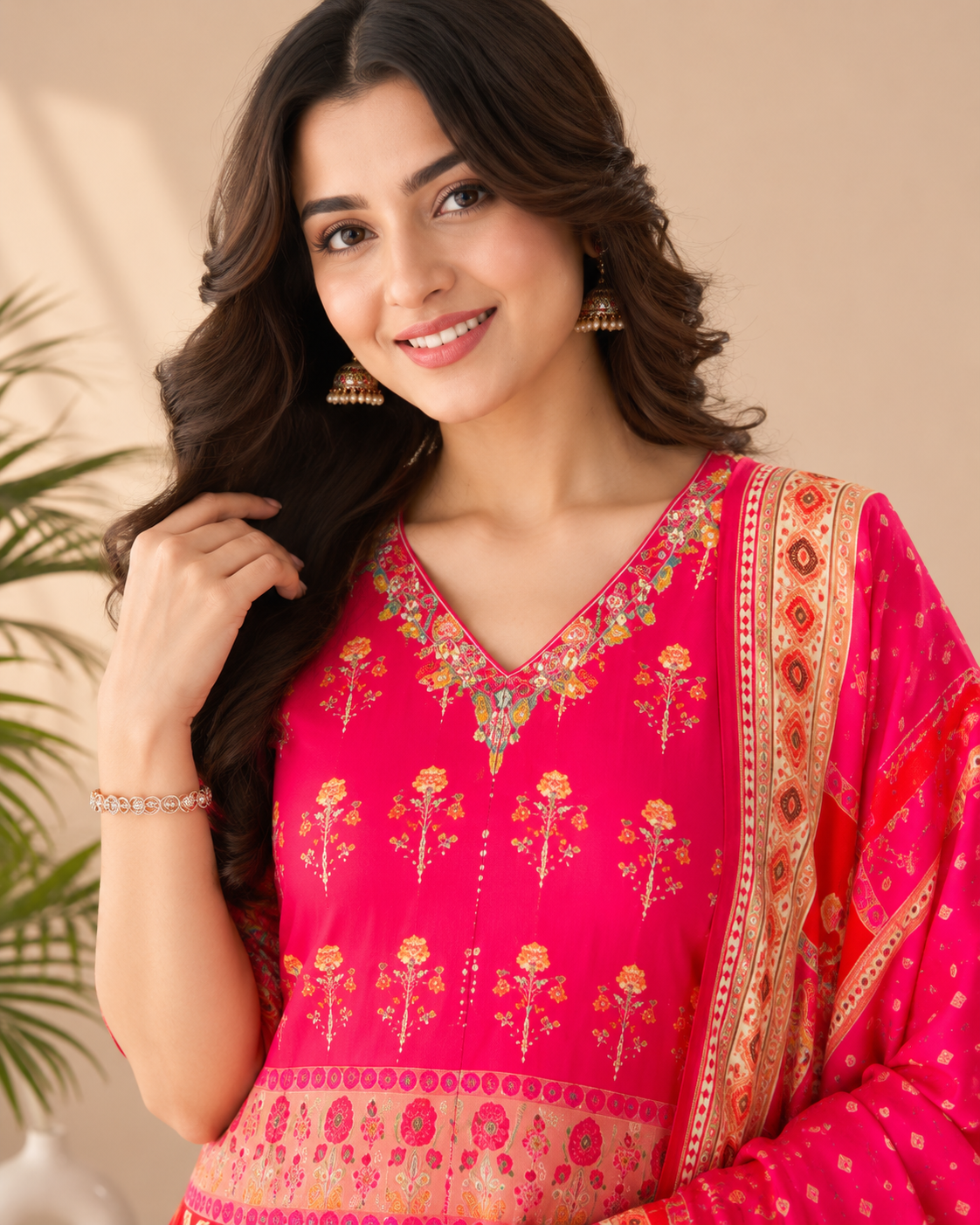 Rani Pink Printed Anarkali Kurti Set with Dupatta