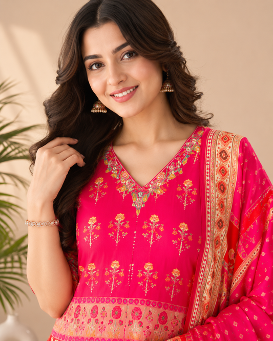 Rani Pink Printed Anarkali Kurti Set with Dupatta