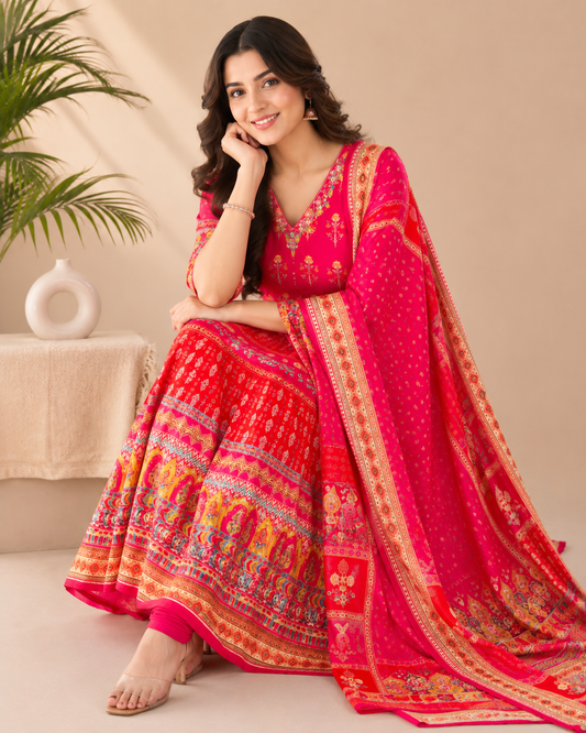 Rani Pink Printed Anarkali Kurti Set with Dupatta