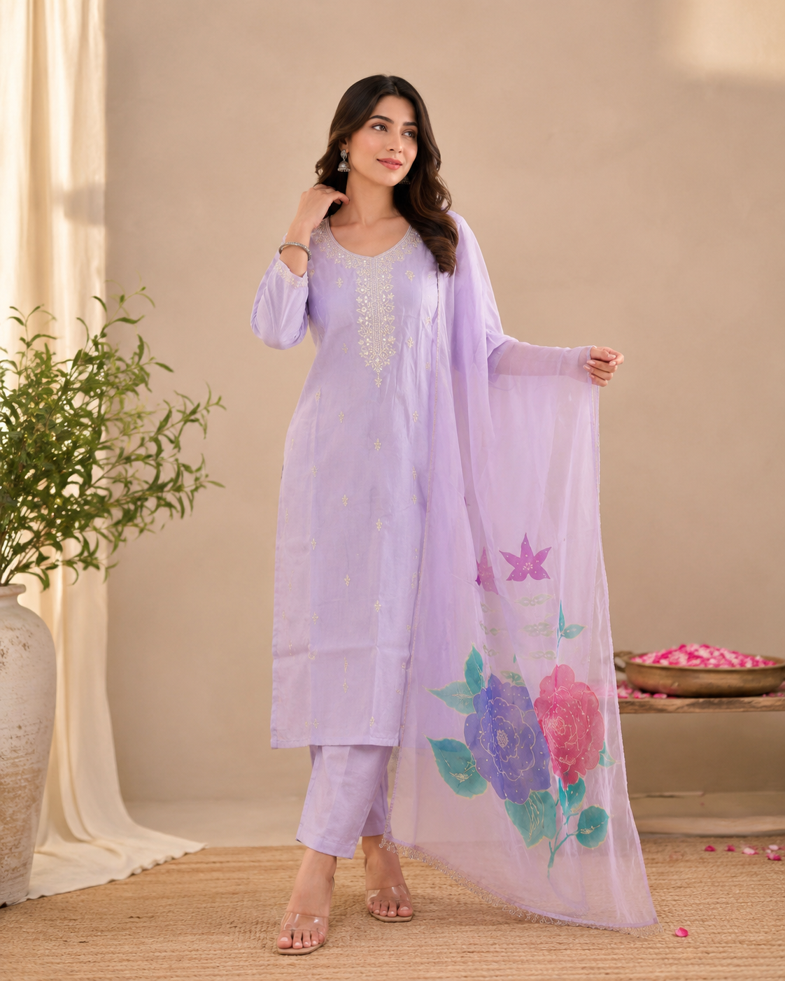 Back Again Pure Crepe Lavender Floral Kurti Set