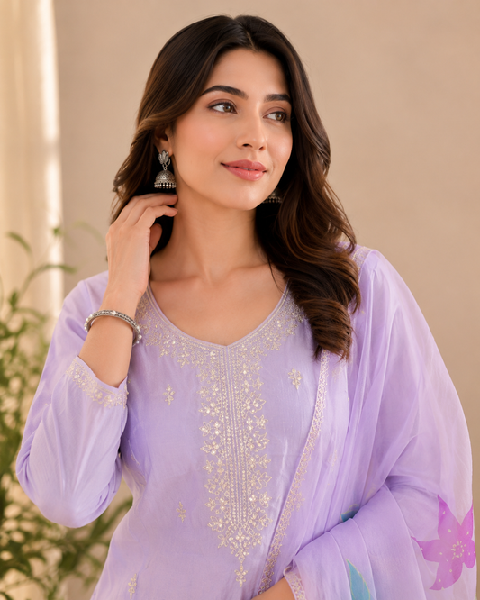 Back Again Pure Crepe Lavender Floral Kurti Set