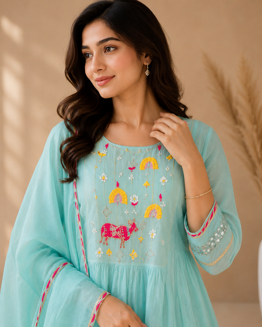 Premium Luxury Mul-Chanderi Kurti Set