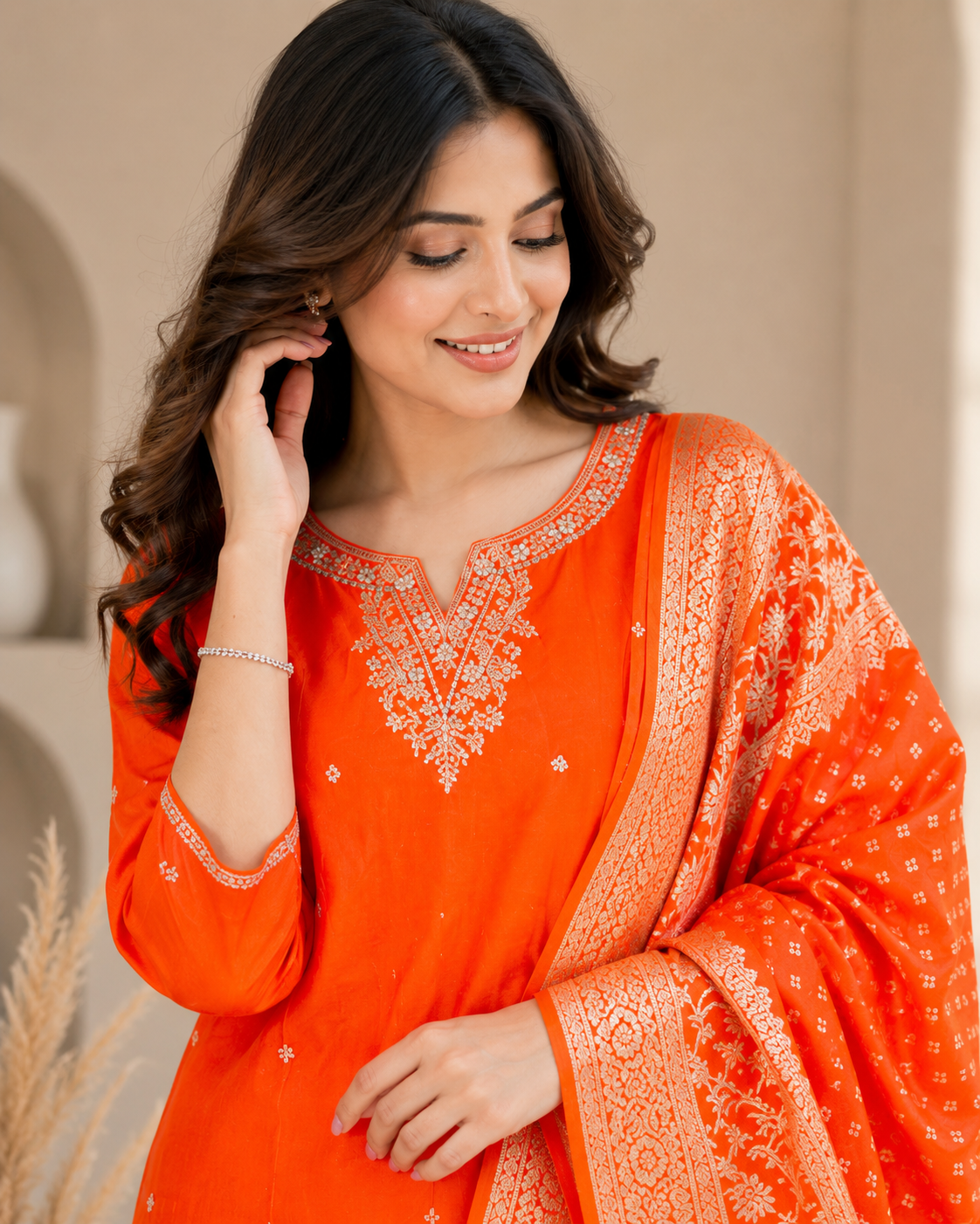 Radiant Orange Pure Fabric Kurti Set with Banarasi Dupatta