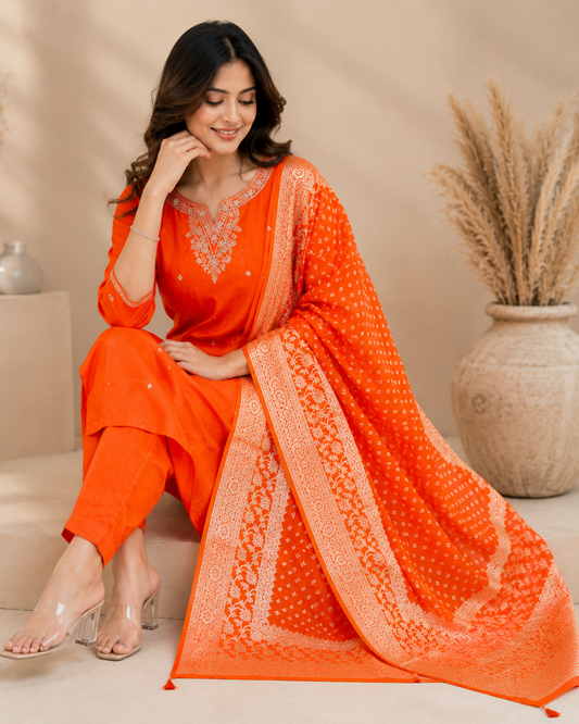 Radiant Orange Pure Fabric Kurti Set with Banarasi Dupatta