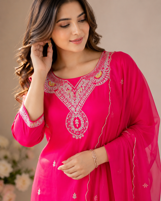 Rani Pink Pure Handwork Kurti Set