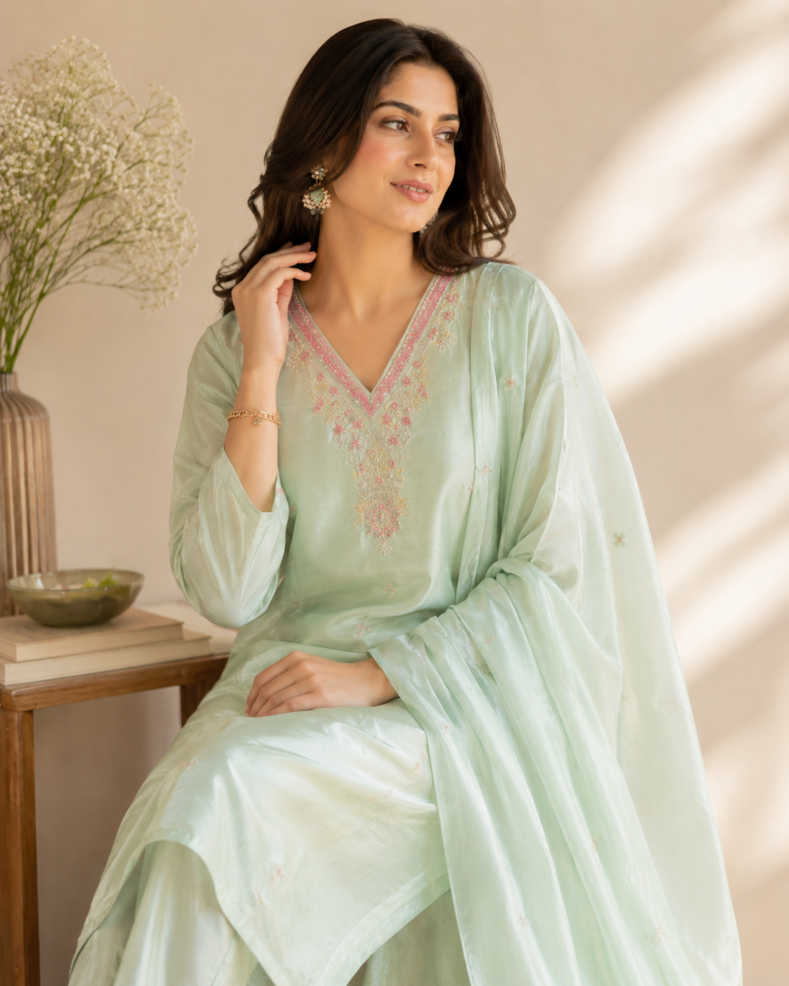 Celestia Mint Handwork Kurti Set