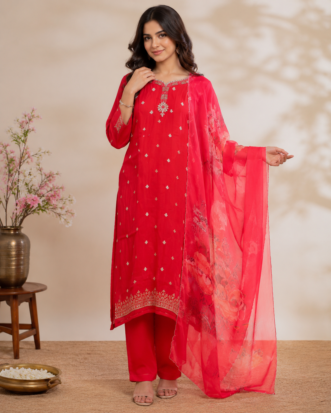 Crimson Bloom Embroidered Kurti Set