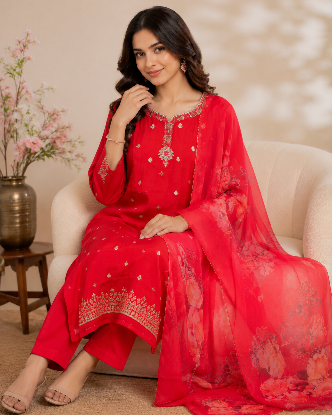 Crimson Bloom Embroidered Kurti Set
