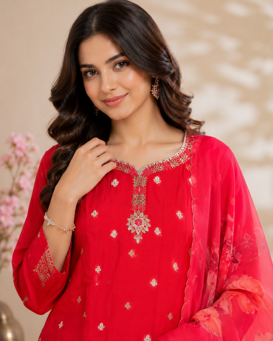 Crimson Bloom Embroidered Kurti Set