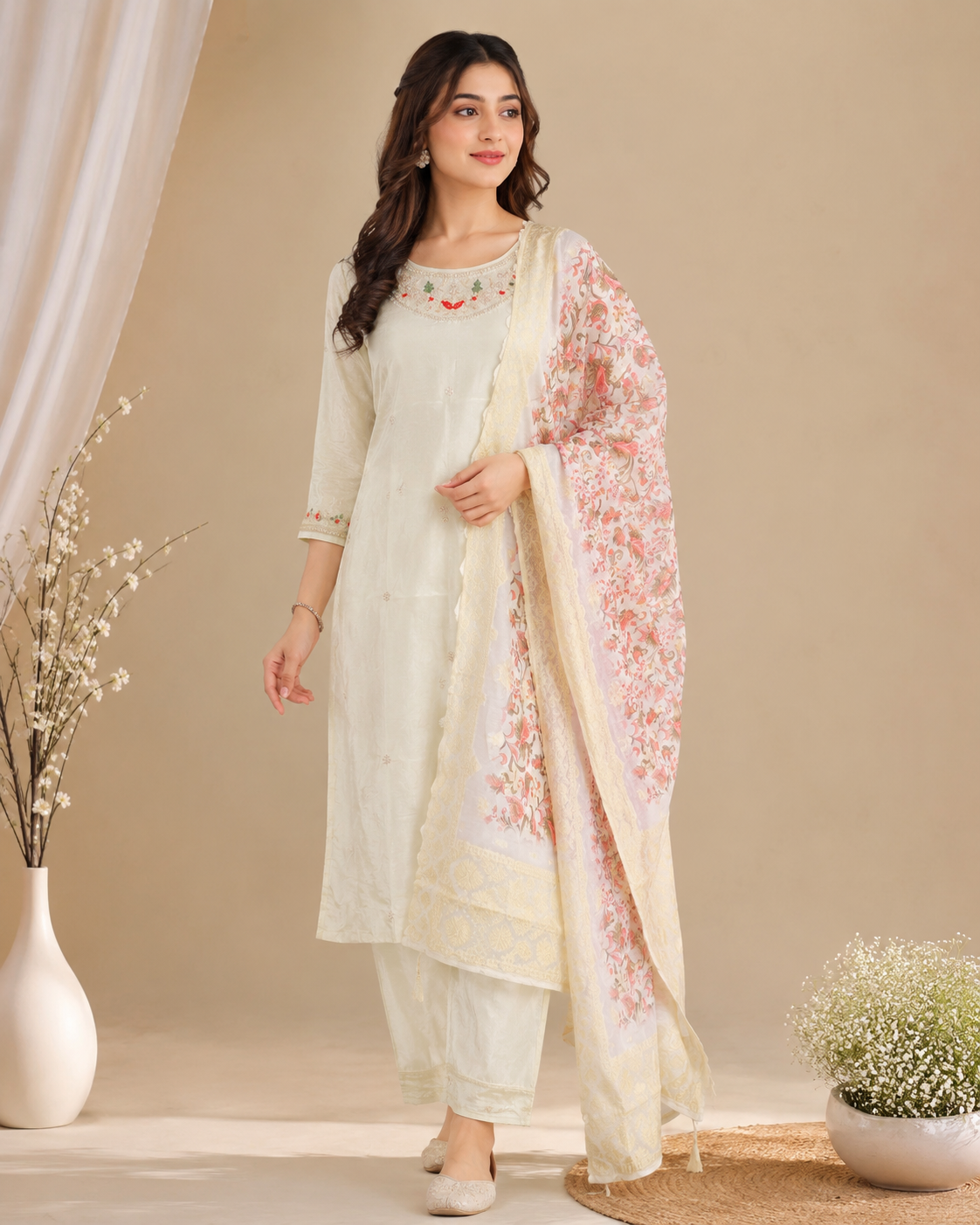 Ivory Bloom Embroidered Kurti Set