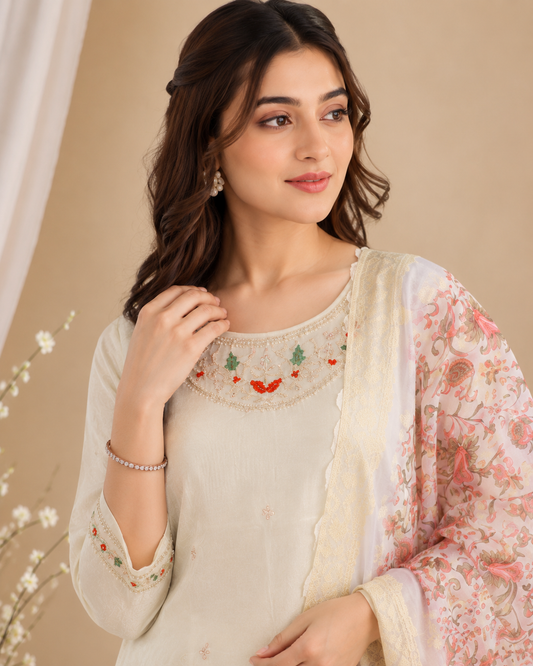 Ivory Bloom Embroidered Kurti Set