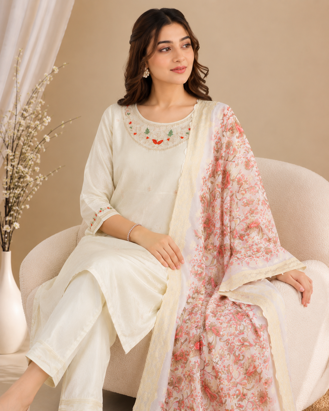 Ivory Bloom Embroidered Kurti Set
