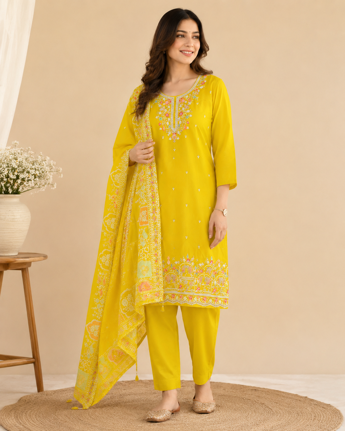Sunshine Yellow Embroidered Kurti Set