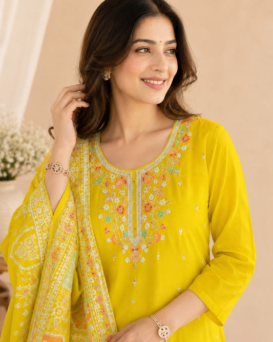 Sunshine Yellow Embroidered Kurti Set