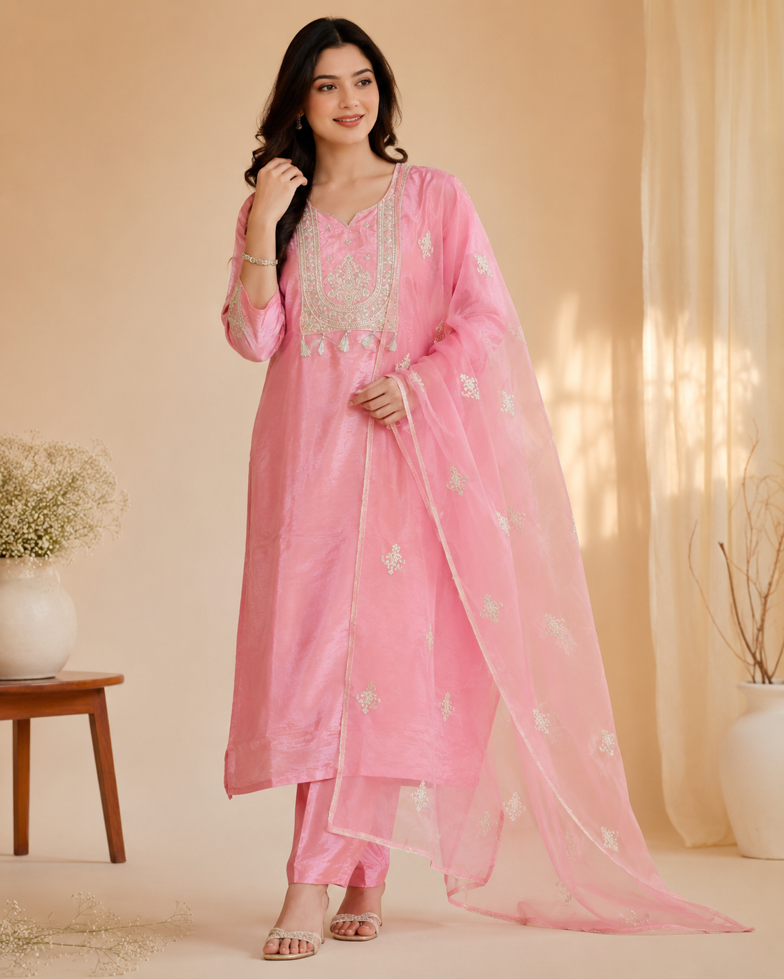 Pink Embroidered Kurti Set